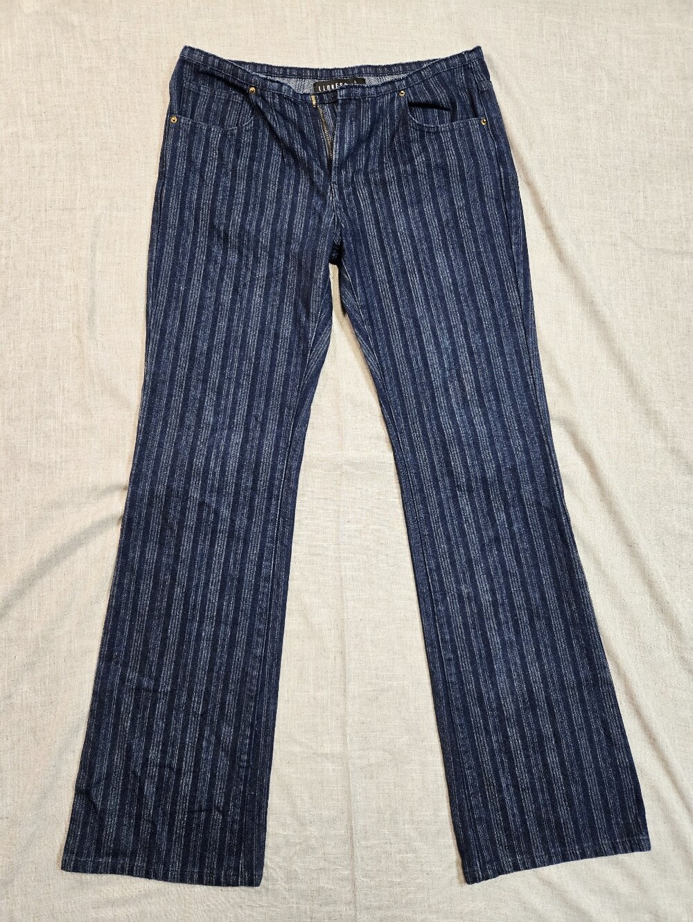 Lioness Striped Denim Jeans Wide Leg Flare Pants Womens Large High Waist Stretch